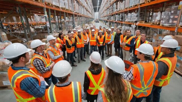 Warehouse Team Huddle: An assembly of dedicated warehouse workers, donned in safety vests and hard hats, engaged in a focused meeting within the expansive warehouse interior.