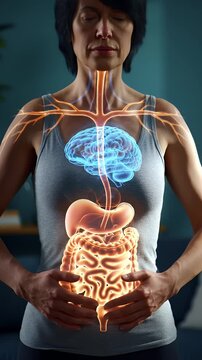 Stylized Depiction of Gut Brain Axis with Luminous Nerves and Organs in Dark Background