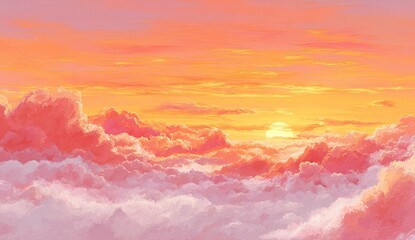 Sunset view from above, soft pink and orange clouds