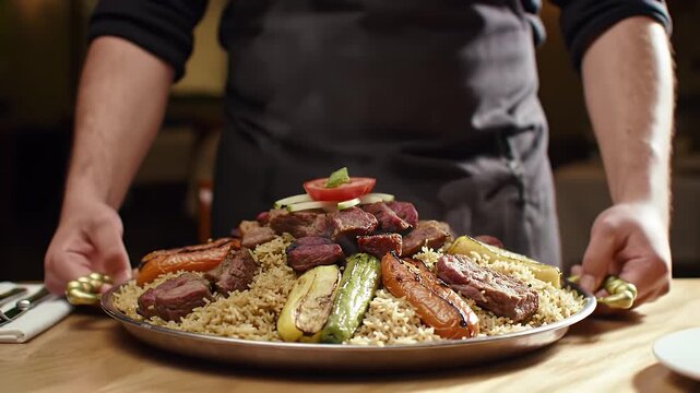 Close Up Presentation of Steaming Traditional Saudi Arabian Kabsa on Decorative Silver Tray Featuring Rice Tender Meat and Grilled Vegetables Placed on a Wooden Table Under Warm Lighting Emphasizing