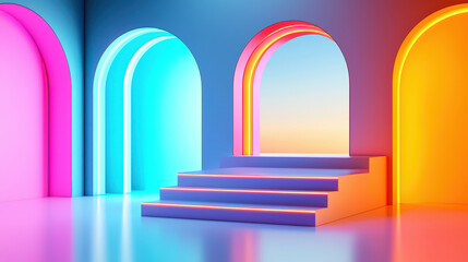 Vibrant and modern interior scene featuring colorful arches shades of blue, pink, and orange, with illuminated steps creating captivating