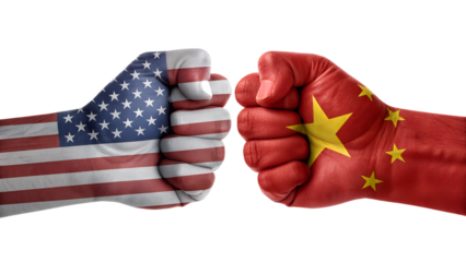 USA vs China Fist Bump with Flags Isolated on White | Tariff, trade, duty, import, export, customs, tax,