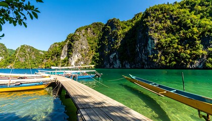 A wooden pier extends into a crystal-clear lagoon, with traditional boats moored beside it, nestled amongst lush green hills and limestone cliffs under a brilliant sunny sky.
