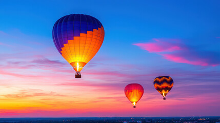 Fototapeta premium Colorful hot air balloons float in sky during sunset, creating vibrant and serene atmosphere. scene captures beauty of flight and adventure