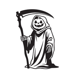 Vector silhouette of a hooded figure with a scythe and pumpkin head. A spooky Halloween character  the Grim Reaper and Jack-o'-lantern elements. For horror, seasonal, and dark fantasy designs.