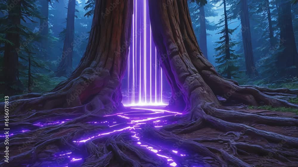 Poster beams of vibrant purple light flow like a waterfall from the hollow of a massive redwood tree. illum