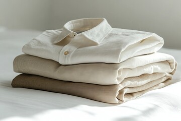 Stacked cream & beige shirts on white bed