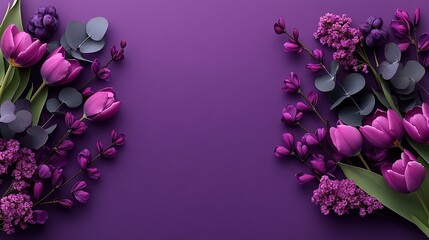 Abstract modern purple background with floral flat lay tulips eucalyptus on right, copy space minimalist concept high resolution professional.