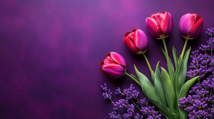 Spring fresh purple background with flat lay tulips and eucalyptus on right, copy space minimalist design high resolution sharp.