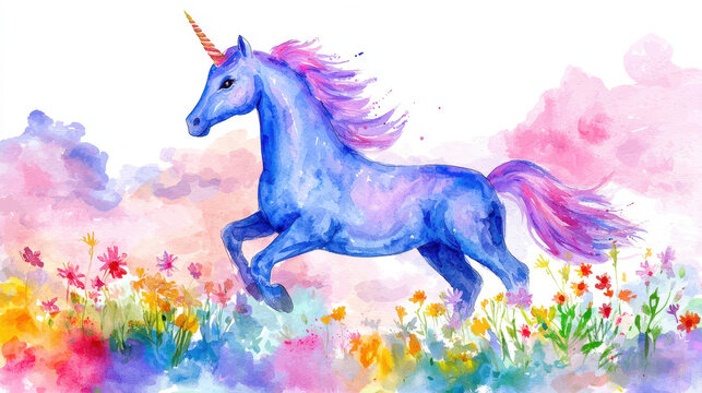 Whimsical unicorn gallops through vibrant field of colorful flowers, surrounded by dreamy watercolor clouds