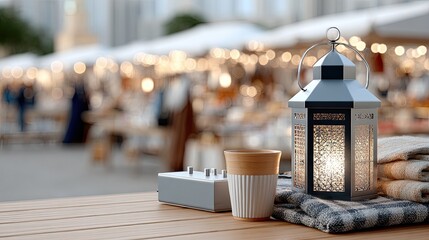 Obraz premium A traditional lantern and a modern power strip create a warm ambiance at an evening street market, blending culture and technology