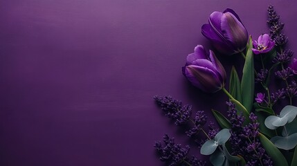 Right side flat lay tulips and eucalyptus purple background, copy space concept minimalist aesthetic, high resolution design.