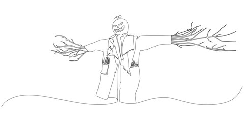 continuous line drawing illustration of a creepy scarecrow with a pumpkin head. The pumpkin has a carved sinister face with sharp teeth and an evil grin