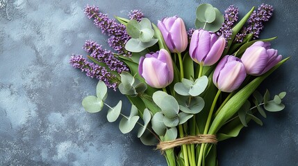 Web design purple background with flat lay flowers tulips eucalyptus on right, copy space minimalist style, sharp focus high resolution.