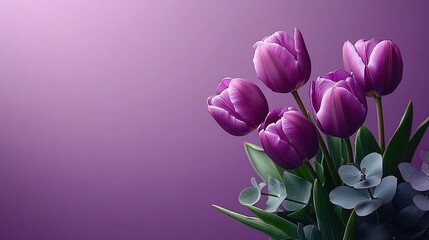 Purple color floral flat lay design with tulips and eucalyptus on right side, minimalist copy space background, high resolution.