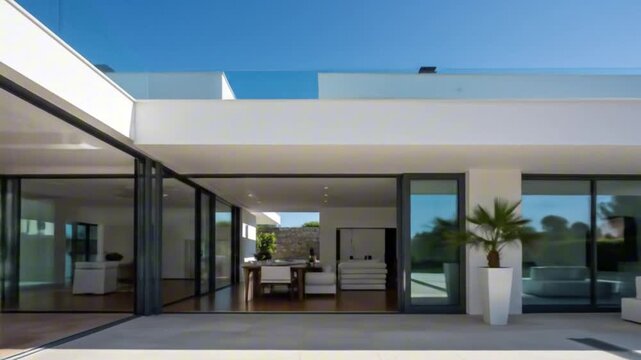 Modern villa with sliding glass doors a white exterior and patio under a clear blue sky