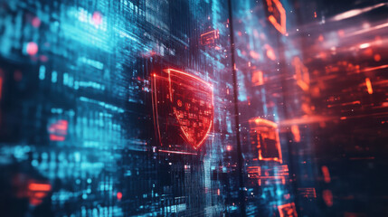 Digital security shield on a futuristic background with glowing lines and abstract shapes around it