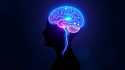 Obraz premium Digital brain silhouette with glowing neural network, representing intelligence, cognitive function, and neurological research for medical and scientific advancement