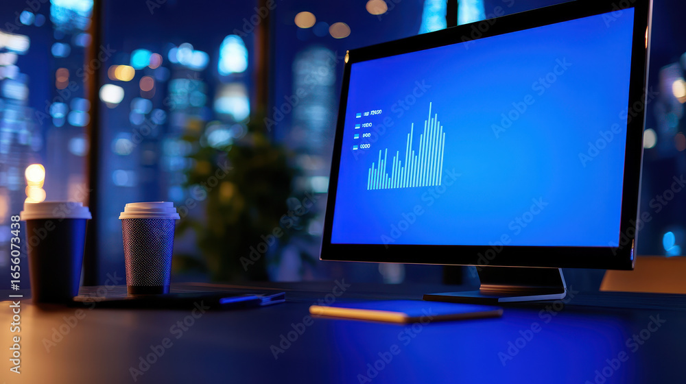 Poster Modern workspace featuring computer monitor displaying data analytics, with coffee cups and notepad on desk, creating productive atmosphere