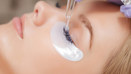 Close-up of a woman receiving an eyelash lift and lamination treatment at a beauty salon