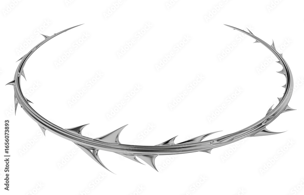 Poster an abstract y2k-style thorn crown rendered in a sleek metallic finish. a versatile graphic element f