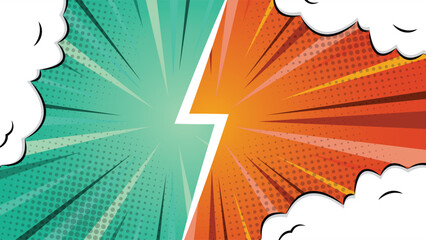 Retro comic style background featuring halftone dots, sunburst rays, clouds, and a split green and orange design, ideal for posters, banners, covers, and creative projects. © Town GFX