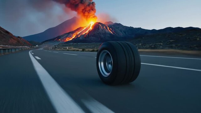 Single tire is rolling down a paved road, with a dramatic volcanic eruption unfolding in the background, creating a striking juxtaposition of everyday objects and natural disaster