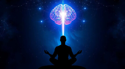 Silhouette in lotus position meditating under a glowing brain with a beam of light, symbolizing spiritual awakening, enlightenment, and the connection between mind and cosmos