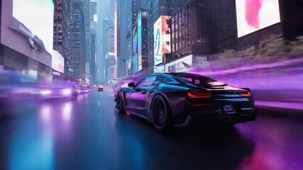 Futuristic sports car is speeding through a vibrant cyberpunk city at night, illuminated by neon signs and bright lights, creating a dynamic and futuristic atmosphere - Powered by Adobe
