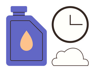 Blue container with droplet icon, cloud, and clock emphasizing resource management, environment, weather, time, sustainability, efficiency and minimalism. Ideal for water preservation weather