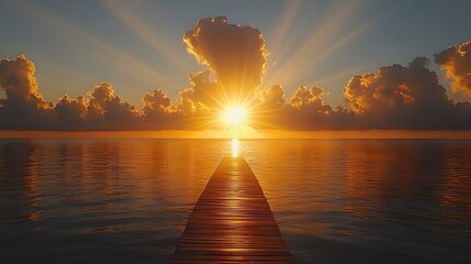 Stunning sunset over ocean with pier, golden light and dramatic clouds