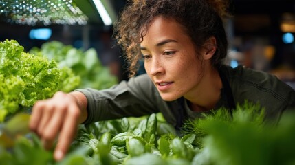 Wide shot of a woman, an entrepreneur, in her bustling greenhouse hydroponic farm. She is at a central control panel, her finger pressing the temperature control machine, surrounded by lush organic ve