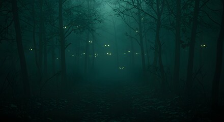 Obraz premium Dark Spooky Forest with Glowing Eyes on Halloween Night