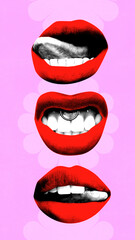 Obraz premium Bold poster. Three expressive red lips with tongue, piercing, and playful bite on pink background. Concept of pop art, youth identity, bold lifestyle branding, creative design, and surreal aesthetics.