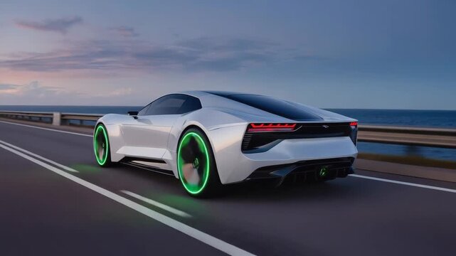 Futuristic white sports car with glowing green wheels driving fast on a coastal highway at sunset, showcasing innovative automotive design and technology