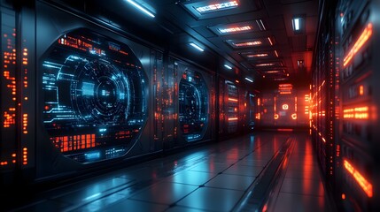 Futuristic data center hallway with glowing digital displays and neon lights