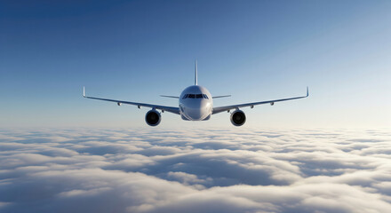 Obraz premium A passenger plane flying above the clouds. It creates a wonderful travel concept with the blue sky.