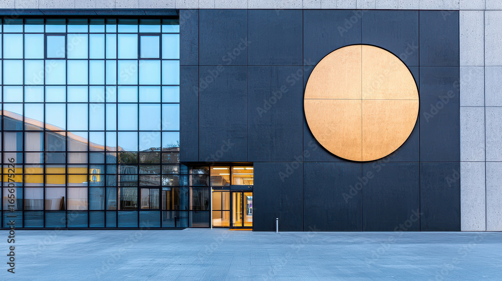 Poster modern architectural design features large circular element sleek facade, showcasing blend of glass 