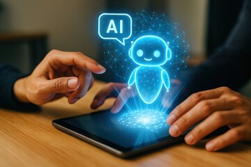 AI chatbot hologram interaction on tablet in hyper realistic style