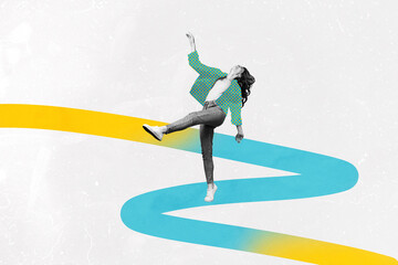 Banner 3d art pop image collage of happy businesswoman businessman stand rope chain development aim...