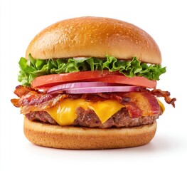 A classic cheeseburger with bacon, lettuce, tomato, and onion