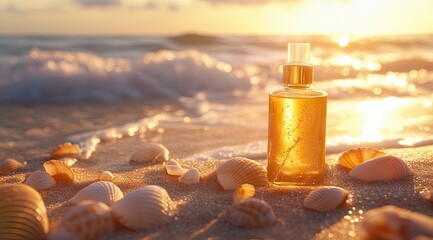 Golden spray bottle on beach at sunrise