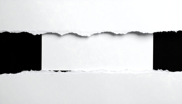 Torn White Paper Reveals Black Background: Abstract Minimalist Texture, High-Resolution Image, Blank Space for Text or Design Elements.