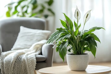 Obraz premium Peace lily plant on a coffee table in a cozy room