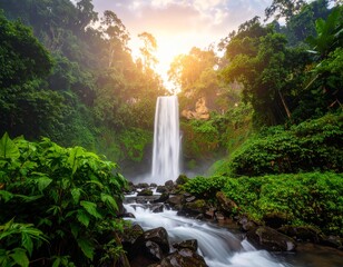 A large waterfall in the middle of jungle background creative movement style figure design scene layers colorful emotion frame backgrounds depth composition motion expression illustration