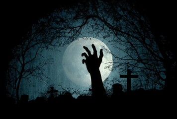 A zombie hand rising from the grave, with nighttime moonlight shining through the trees and fog, and crosses in the background, creating a horror-themed, scary, and detailed, hyper-realistic scene
