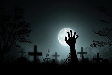 A zombie hand rising from the grave, with nighttime moonlight shining through the trees and fog, and crosses in the background, creating a horror-themed, scary, and detailed, hyper-realistic scene