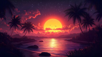 Stunning sunset over tropical beach with palm trees and vibrant colors