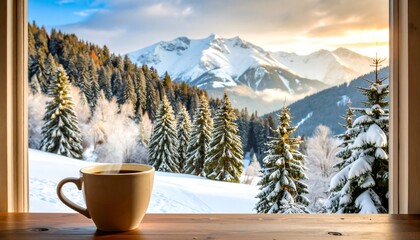 A steaming cup of coffee sits on a wooden table, framed by a snowy mountain vista, bathed in golden sunlight.