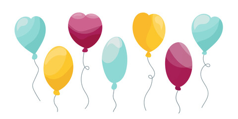 Colorful party balloons illustration, festive decoration for birthday, celebration, anniversary or holiday event, bright vector design with helium balloons isolated on white background.